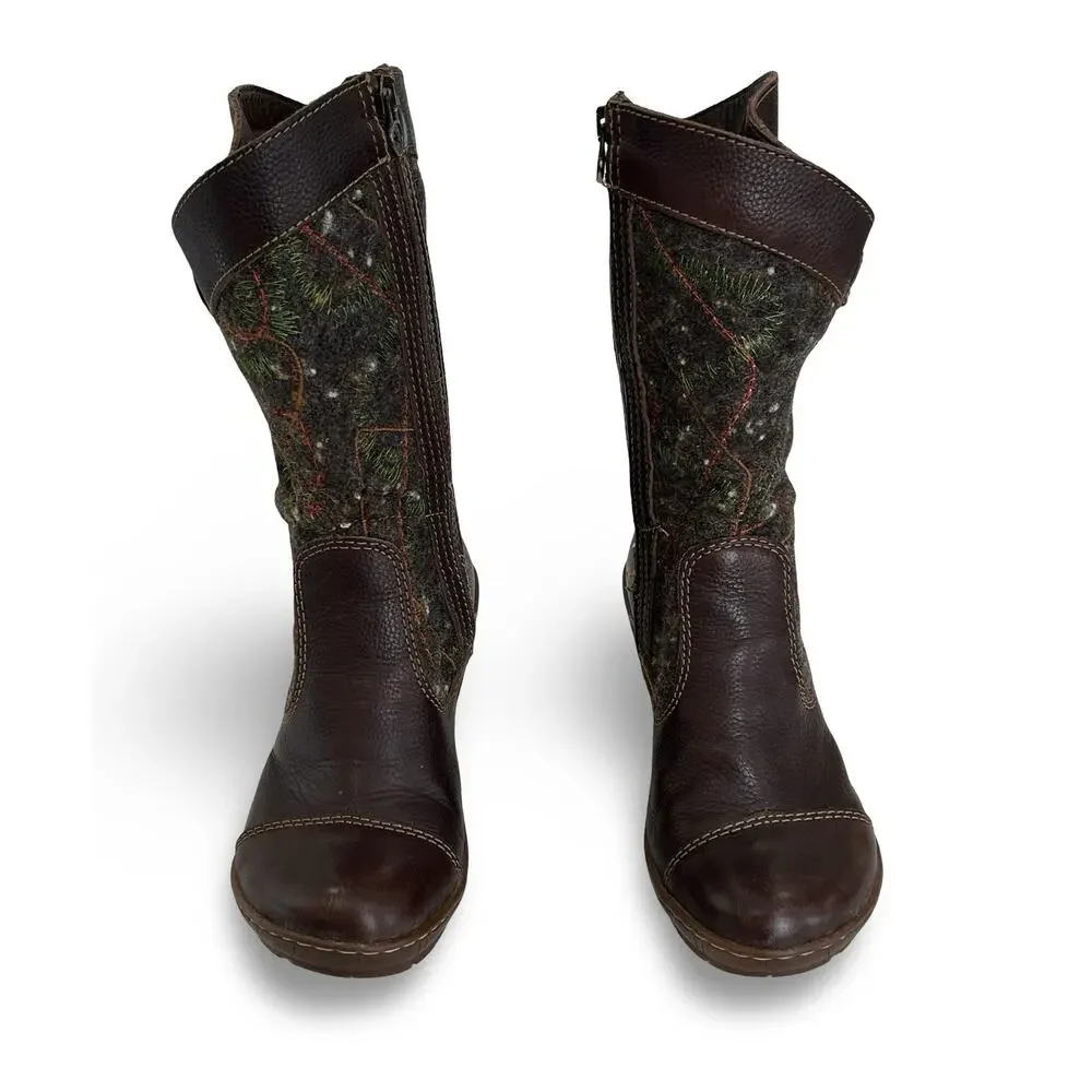 The Art Company Mid Boots Size 37 US 6.5 -7 Brown Leather Embroidered Wool Shaft